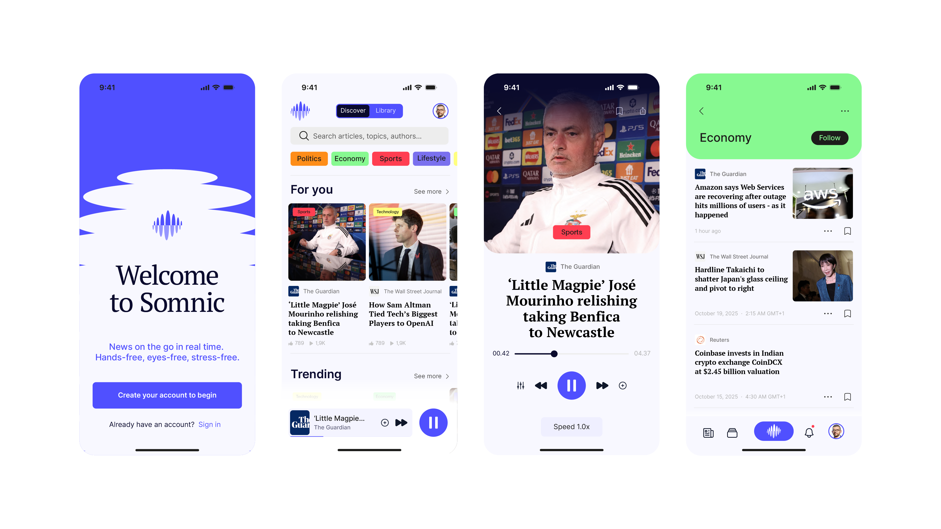 Latest Somnic app interface across welcome, discovery, audio player and topic screens